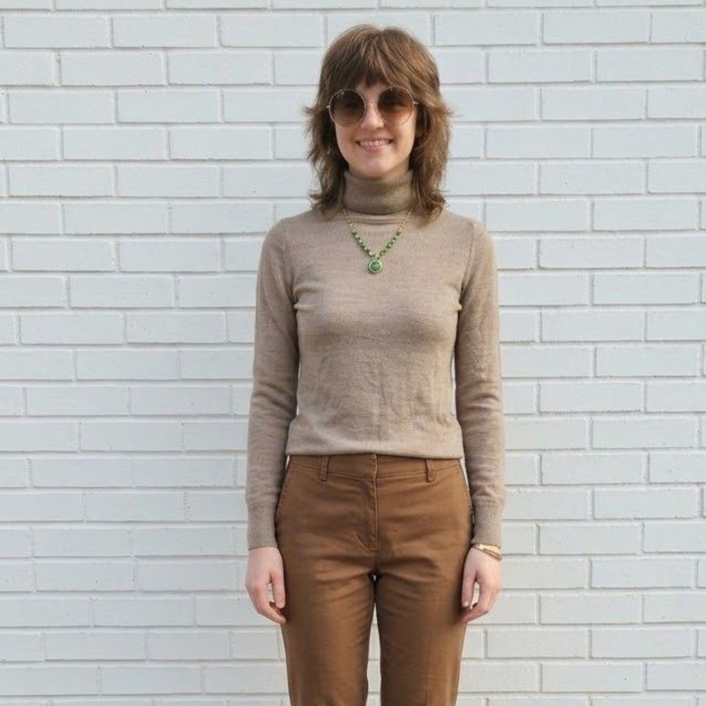 100% Wool Turtleneck Sweater Womens XS Taupe Knit Luxury Italy Base Layer Top